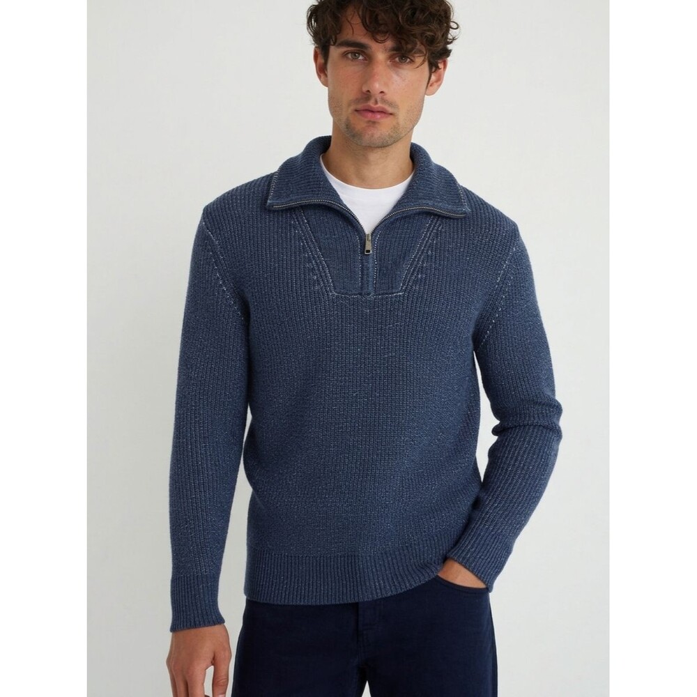 BLOOMINGDALES Sweater Mens XL Blue Quarter Zip 100% Merino Wool $268